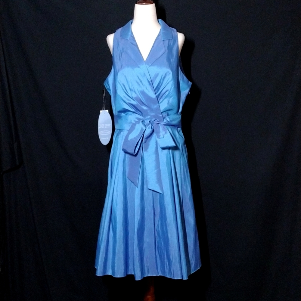 NWT Alfred Angelo Blue Sleeveless Faux Wrap Midi Dress Tie Belt Size 18